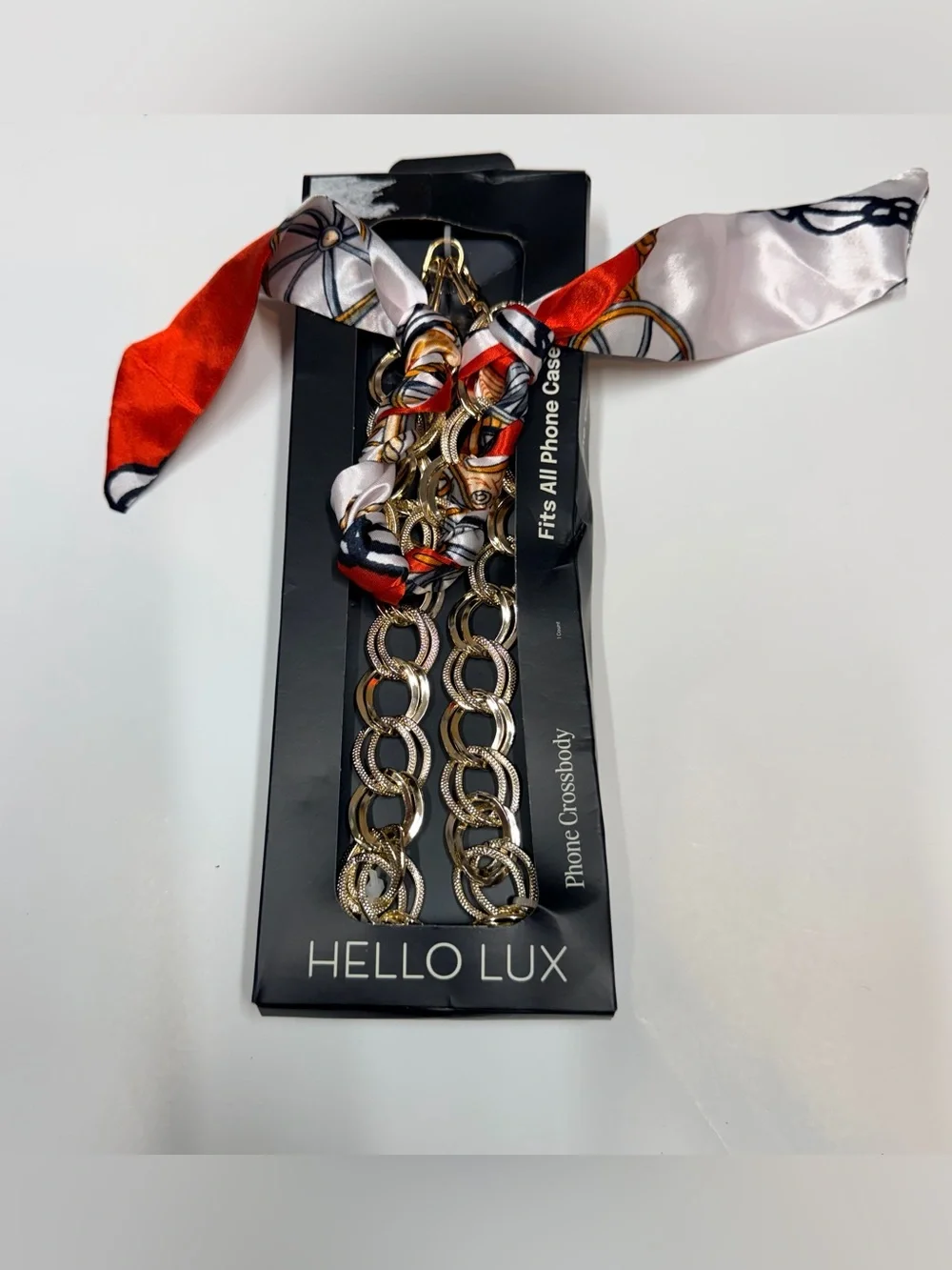 Gold Chain Phone Crossbody with Red & White Scarf Accent